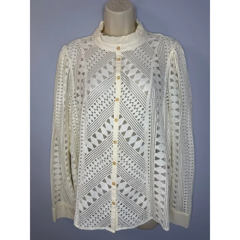 Anthropologie Lace Button Down Blouse Women's 16W Romantic Festival Cream